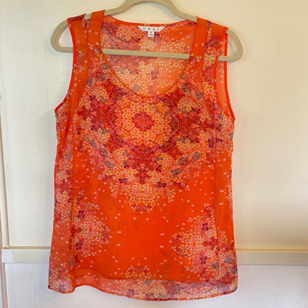 CAbi #268 Merrow edge chiffon semi sheer orange floral tank top blouse size M